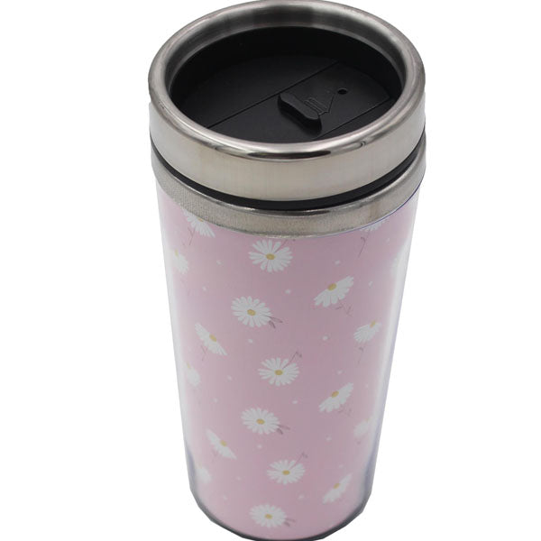 Pink With Daisies Travel Mug Stainless Steel with Plastic Cover 450ml