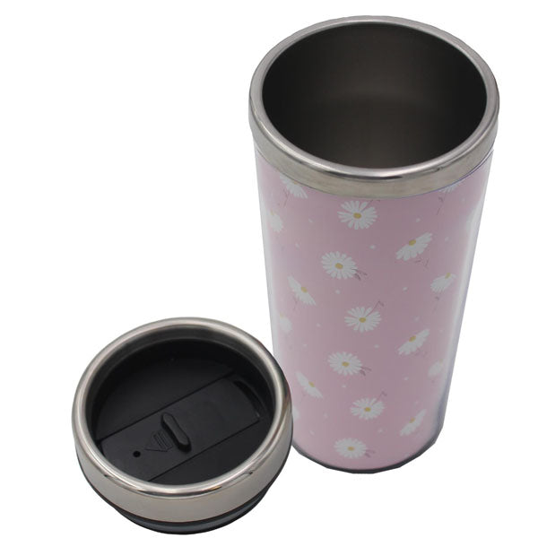 Pink With Daisies Travel Mug Stainless Steel with Plastic Cover 450ml