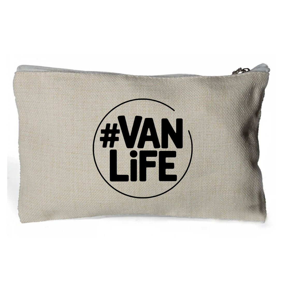 #Vanlife Black Circle Text - Linen Zip Handy Bag 15 x 24cm (no contents)