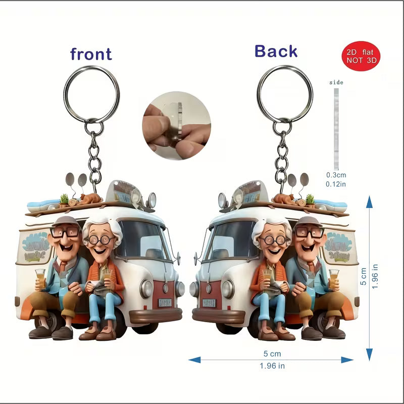 Camping couple 2D keyring with their camper van