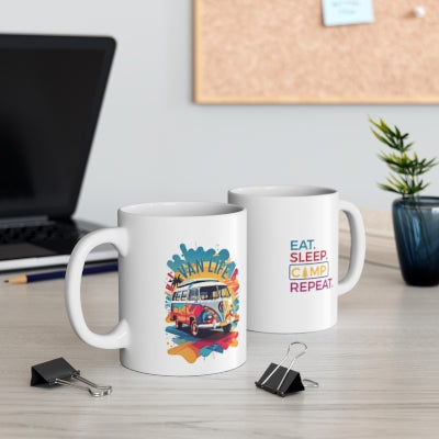 Ceramic Mug 11oz with "Van Life on the front & Eat, Sleep Camp repeat on other"