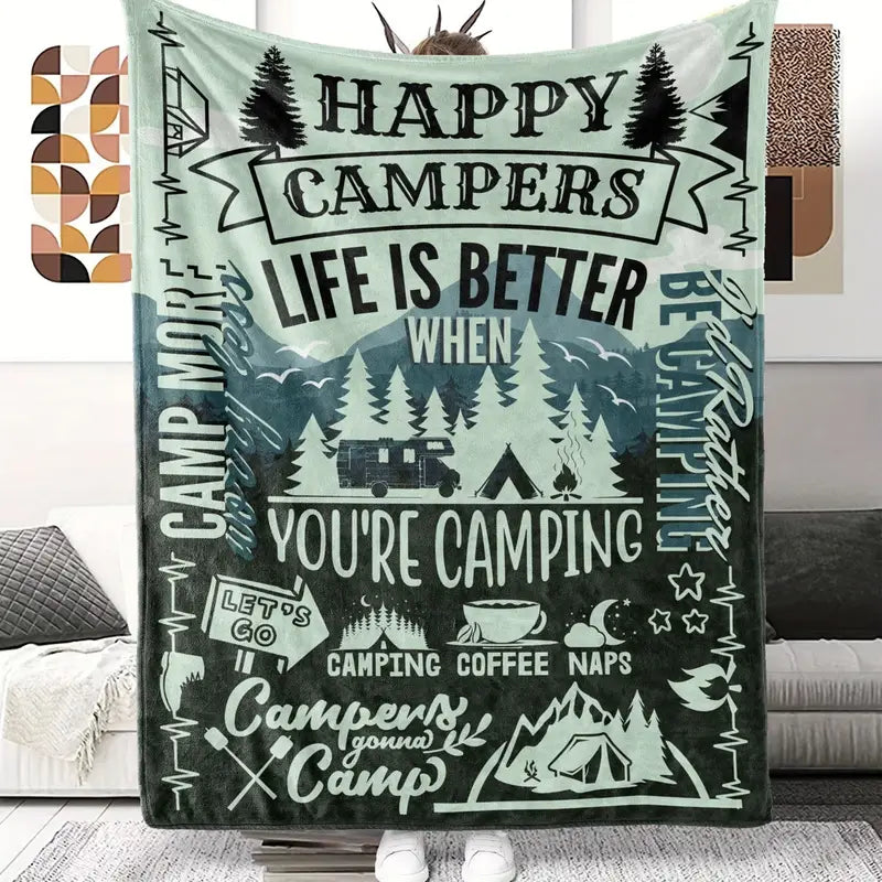 Camping Theme Soft Fleece blanket or Throw - I'd Rather Be Camping Blanket
