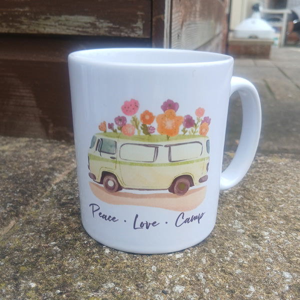 Ceramic Mug 10oz with "Peace Love & Camp " on it