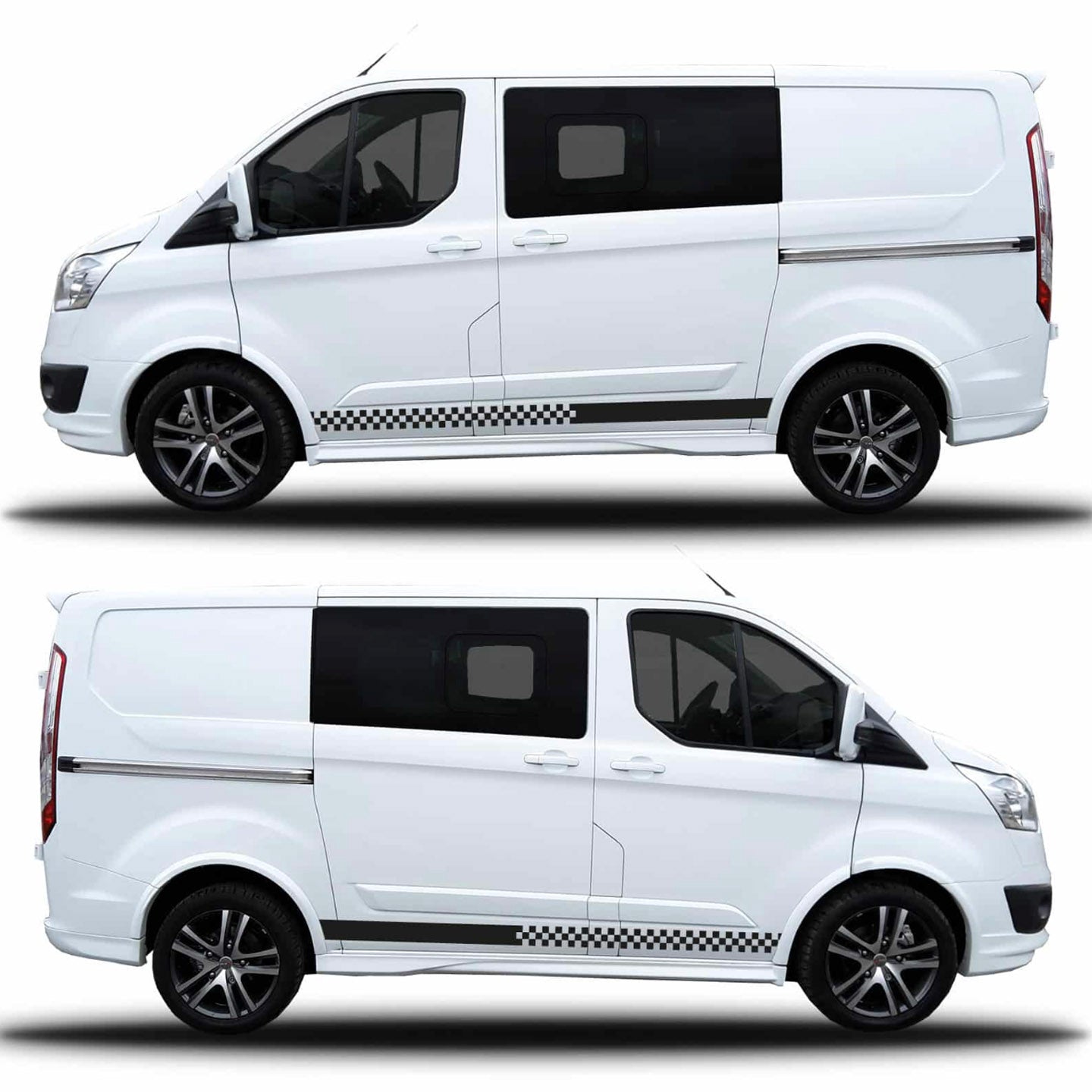 Plain stripe to chequered flag stripe ideal for a Camper, van stripe, graphic or decal in a plain colour. (2 lengths available)