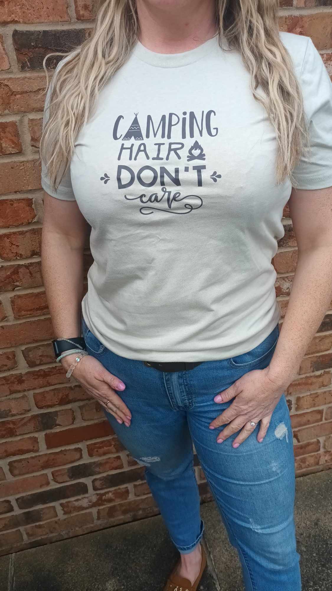 "Camping Hair Don't Care" Premium Unisex Crew Neck Soft Cotton T-Shirt (Various colours & Sizes)