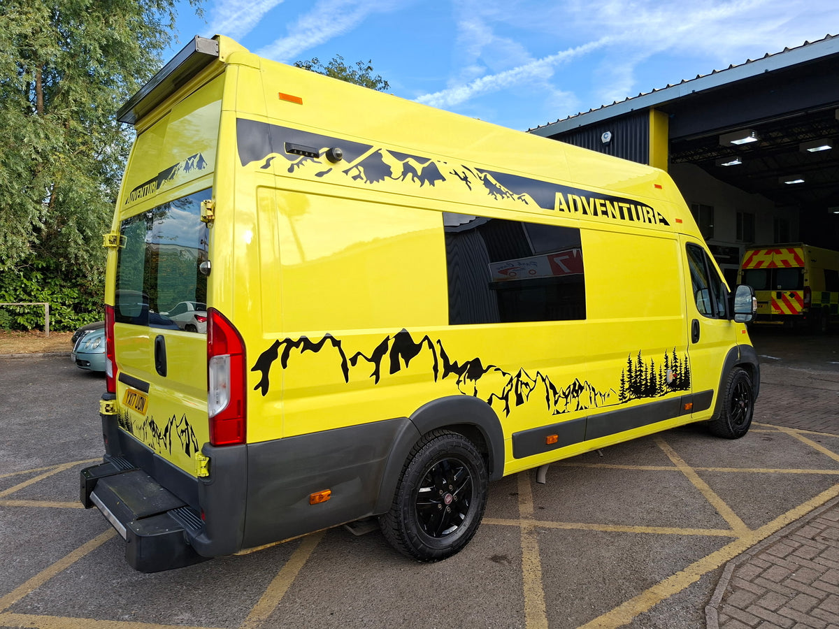 Custom camper van graphics designed to turn a blank van into your dream camper, with bespoke vinyl graphics, decals, stripes and designs.