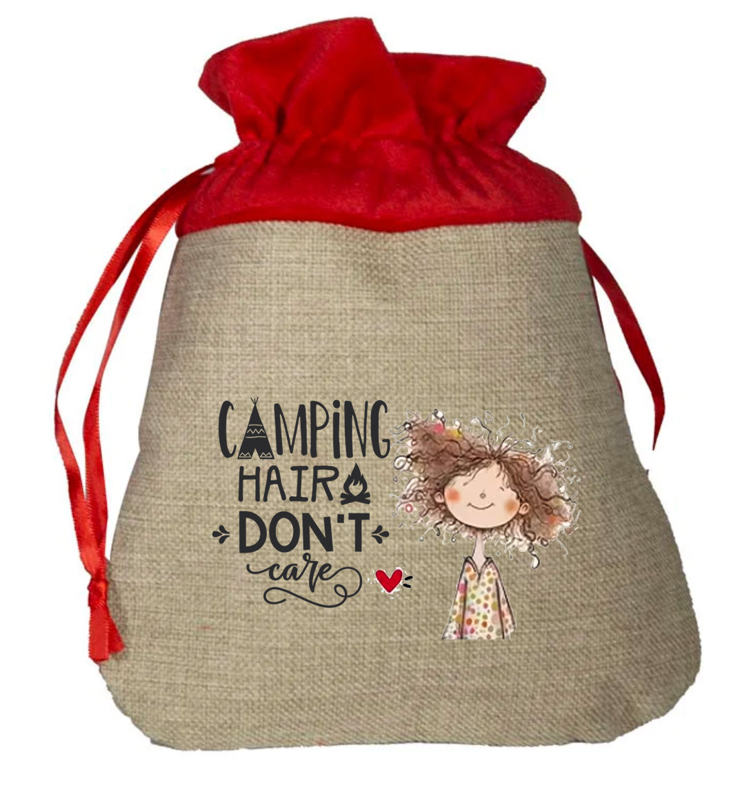 Camping Hair Don't Care with a Character on - Small Faux Burlap Gift Bag (2 options)