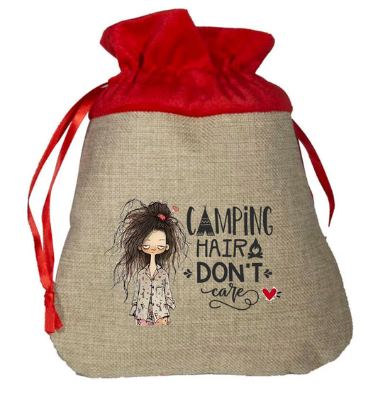 Camping Hair Don't Care with a Character on - Small Faux Burlap Gift Bag (2 options)