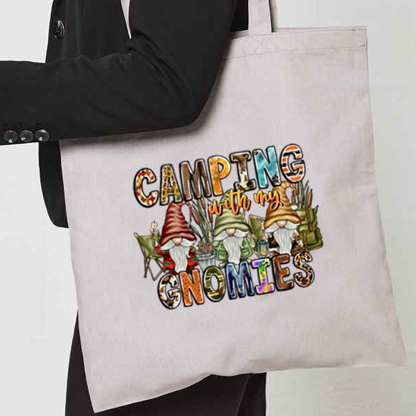 Natural Tote Bag with  "Camping With My Gnomies" on both sides