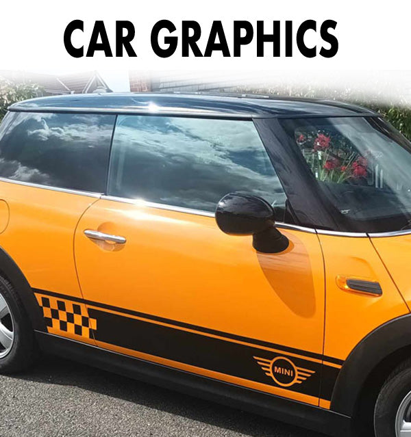 An orange Mini Cooper car with black racing stripes, a checkered pattern on the front door, and a Mini logo decal on the lower side, shown outdoors with a white banner at the top reading 'CAR GRAPHICS'.