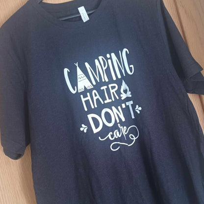 "Camping Hair Don't Care" Premium Unisex Crew Neck Soft Cotton T-Shirt (Various colours & Sizes)