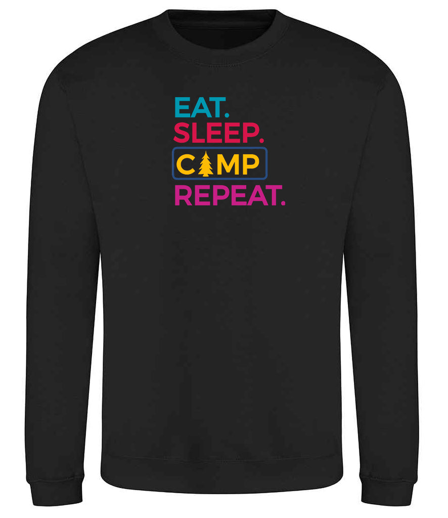 Sweatshirt: Unisex "Eat Sleep camp repeat"  Sweatshirt (9 Colours available & from Xs to 5XXL)