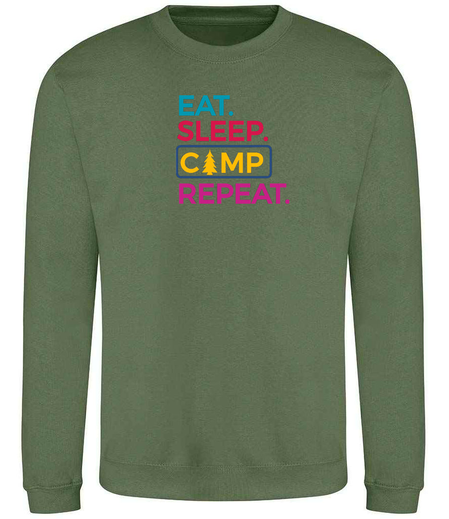 Sweatshirt: Unisex "Eat Sleep camp repeat"  Sweatshirt (9 Colours available & from Xs to 5XXL)