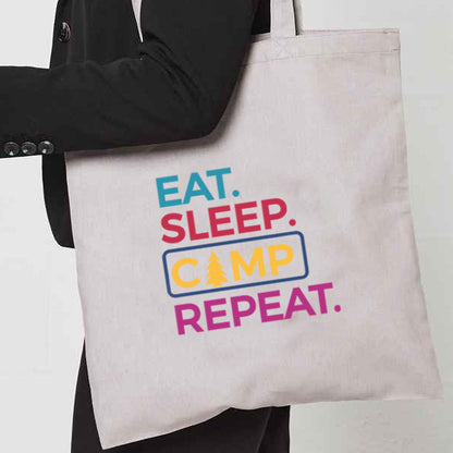 Natural Tote Bag with  "Eat Sleep camp Repeat" on both sides