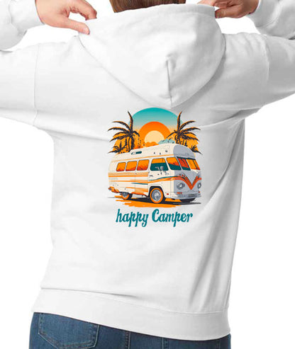 Hoodie: Unisex Gildan SoftStyle Hoodie with "Happy Camper" on (Various colours & sizes available)