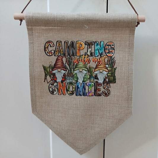 Linen Novelty Flag - "Camping with my Gnomies"