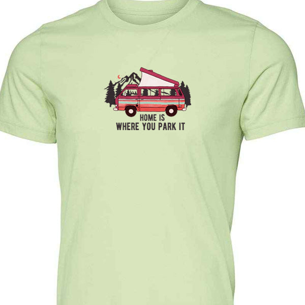 T-Shirt: Unisex Tee Shirt With "Home is where you park it" on the front (Various Colours & Sizes)