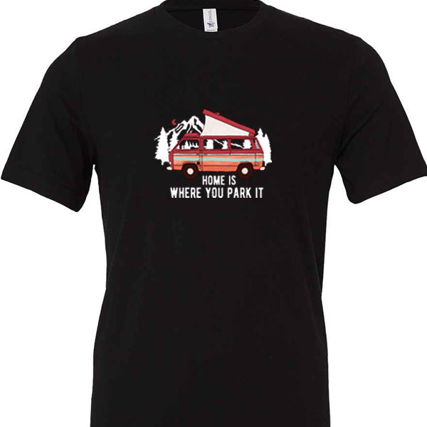 T-Shirt: Unisex Tee Shirt With "Home is where you park it" on the front (Various Colours & Sizes)