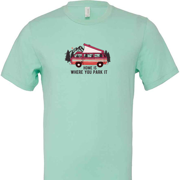 T-Shirt: Unisex Tee Shirt With "Home is where you park it" on the front (Various Colours & Sizes)