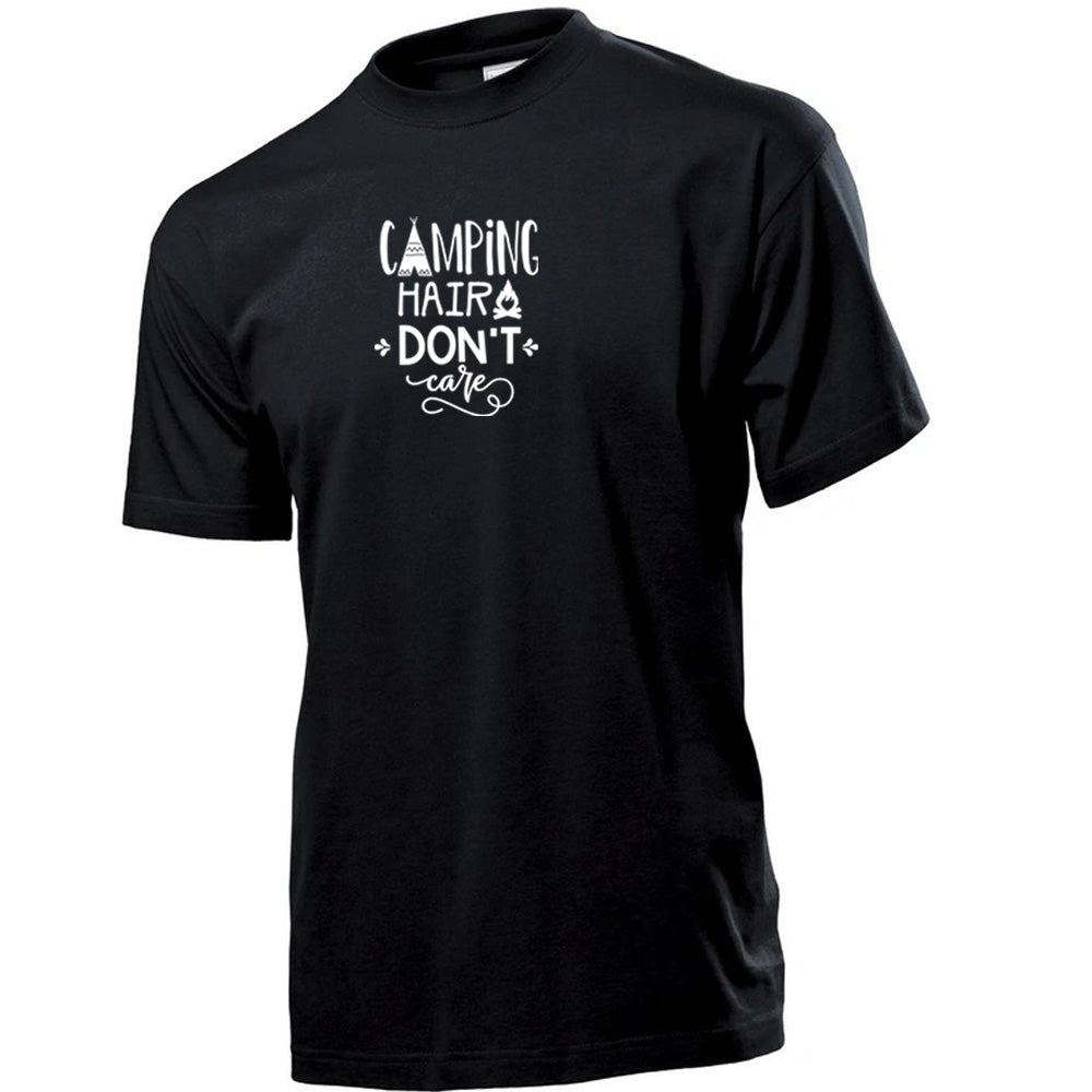 "Camping Hair Don't Care" Premium Unisex Crew Neck Soft Cotton T-Shirt (Various colours & Sizes)
