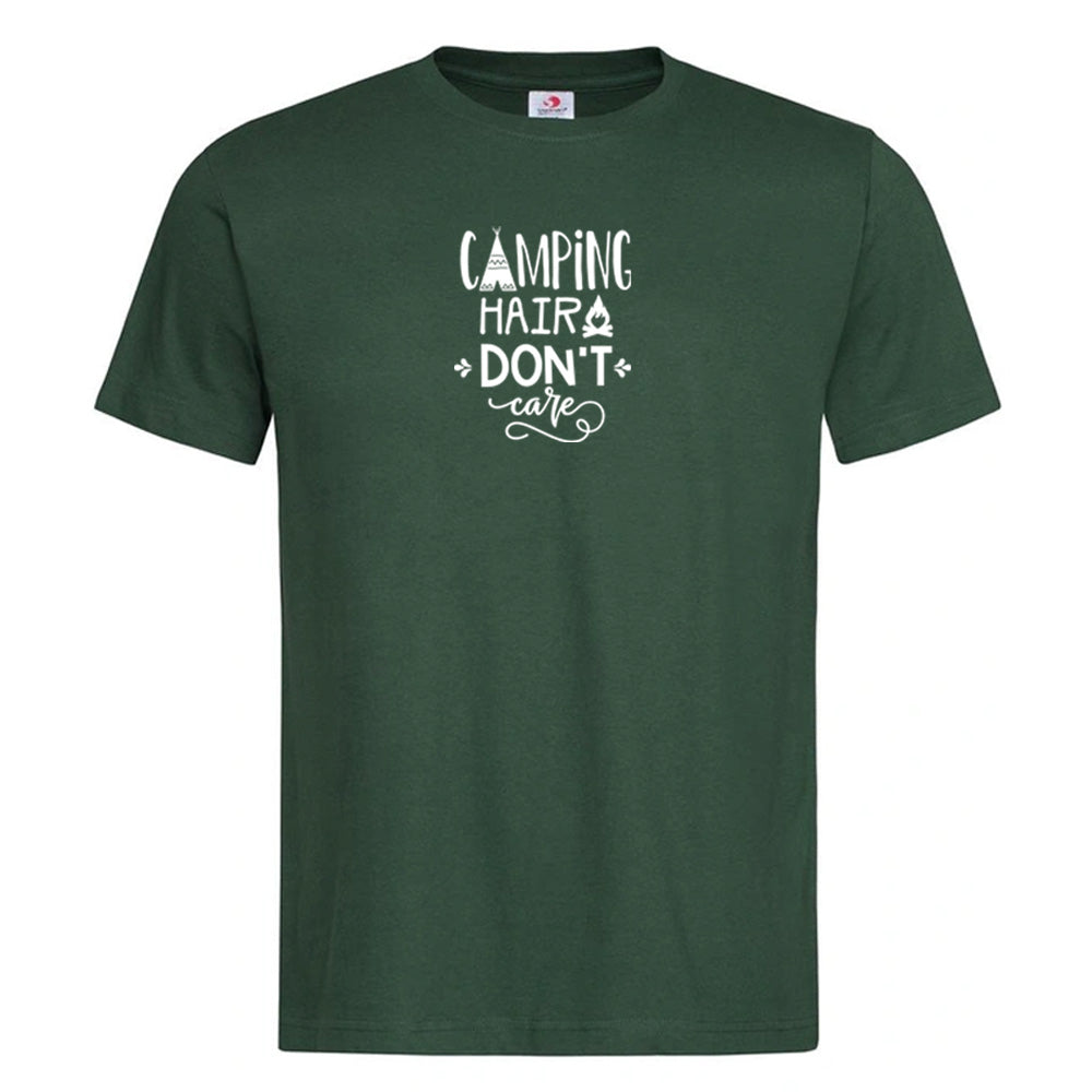 "Camping Hair Don't Care" Premium Unisex Crew Neck Soft Cotton T-Shirt (Various colours & Sizes)