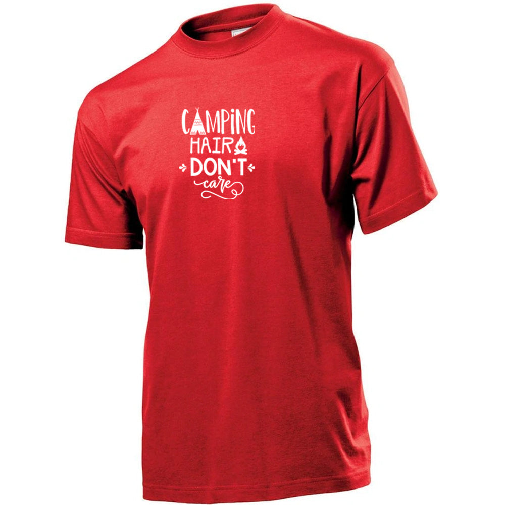 "Camping Hair Don't Care" Premium Unisex Crew Neck Soft Cotton T-Shirt (Various colours & Sizes)