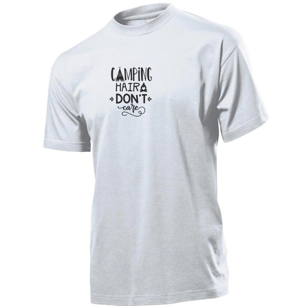 "Camping Hair Don't Care" Premium Unisex Crew Neck Soft Cotton T-Shirt (Various colours & Sizes)