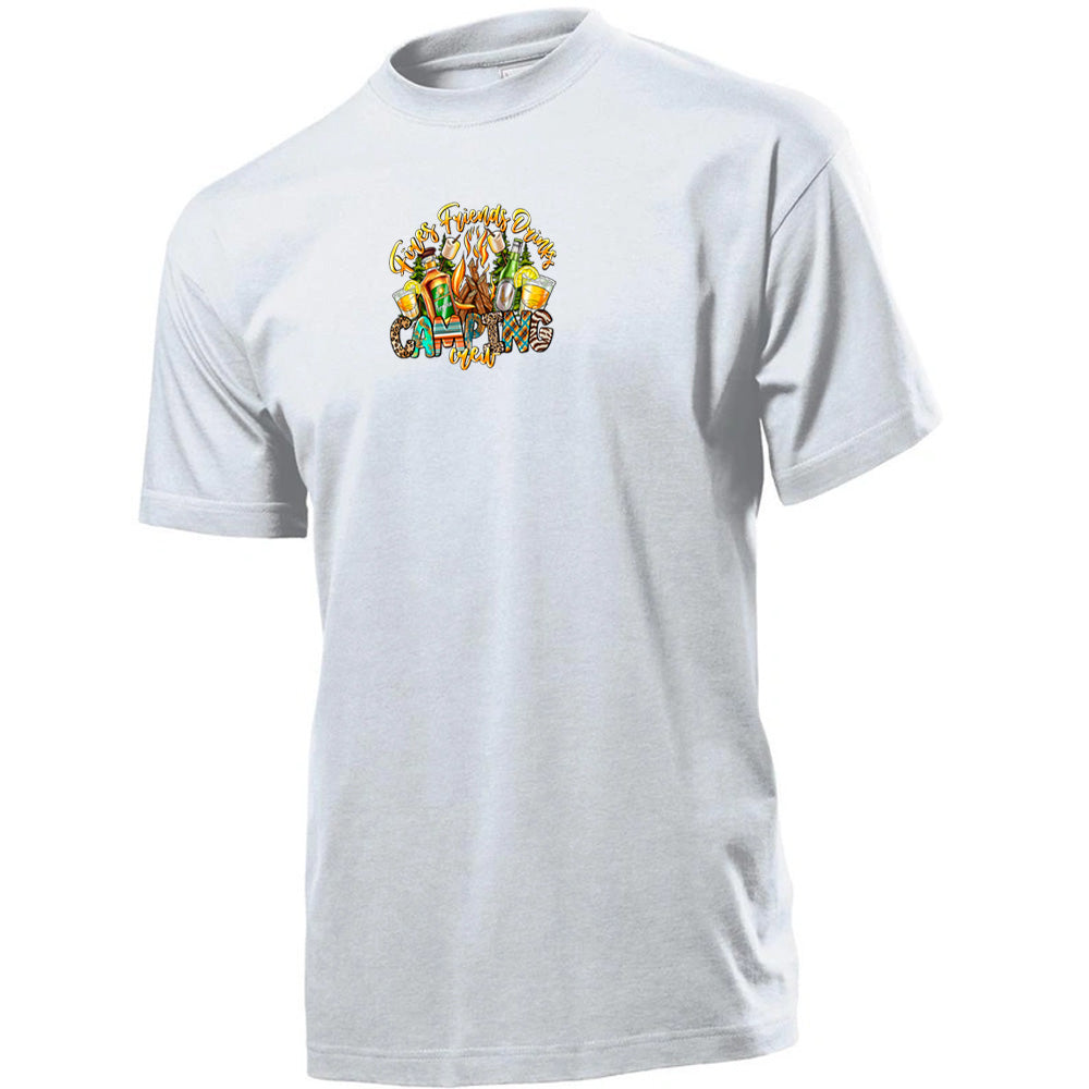 "Fire, Friends & Drinks" Premium Unisex Crew Neck Soft Cotton T-Shirt (Various colours & Sizes)