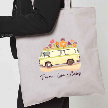 Natural Tote Bag with  "Peace Love Camp graphic" on both sides