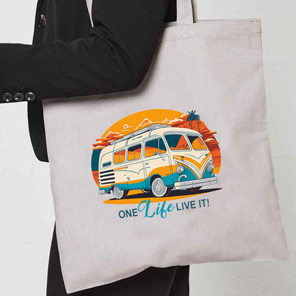 Natural Tote Bag with  "Retro Camper One Life Live it" on both sides