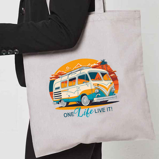 Natural Tote Bag with  "Retro Camper One Life Live it" on both sides