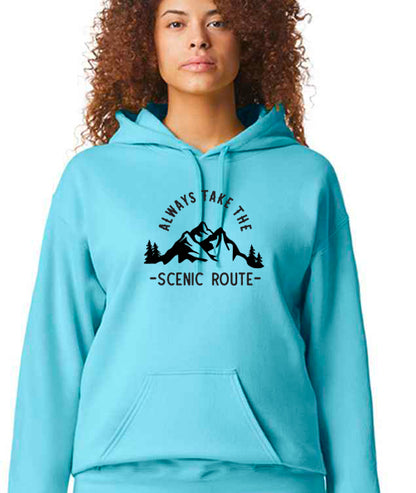 Hoodie: Unisex Gildan SoftStyle Hoodie with ""Always Take The Scenic Route" on (Various colours & sizes available)