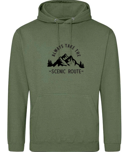 Hoodie: Unisex Gildan SoftStyle Hoodie with ""Always Take The Scenic Route" on (Various colours & sizes available)