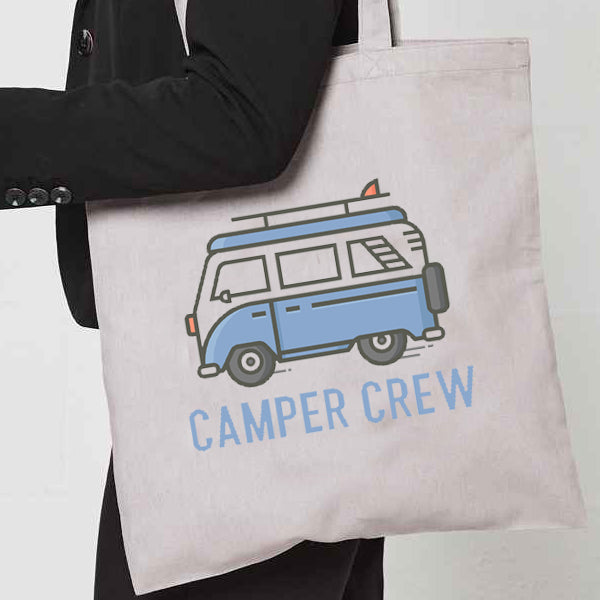 Natural Tote Bag with  "Camper crew in Blue" design on both sides