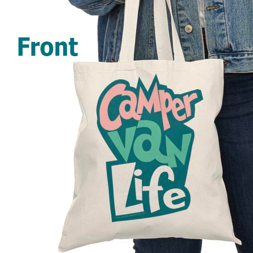 Bag: Natural Tote Bag With "Camper Van Life" Graphic on