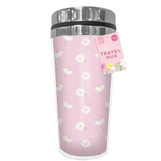 Pink With Daisies Travel Mug Stainless Steel with Plastic Cover 450ml