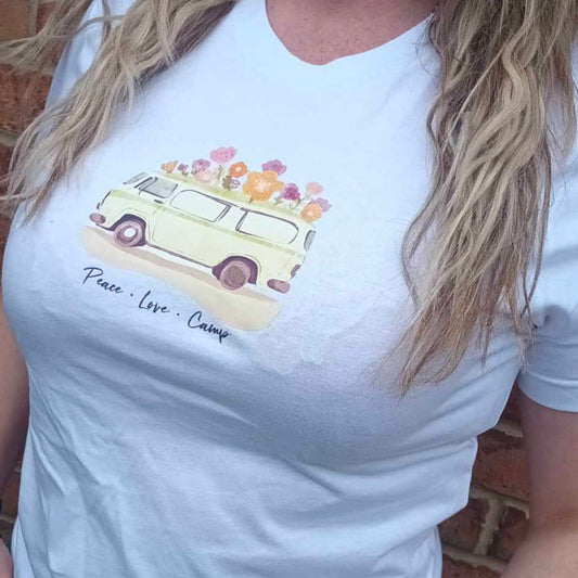 "Peace Love Camp" Premium Unisex Crew Neck Soft Cotton T-Shirt (Various colours & Sizes)