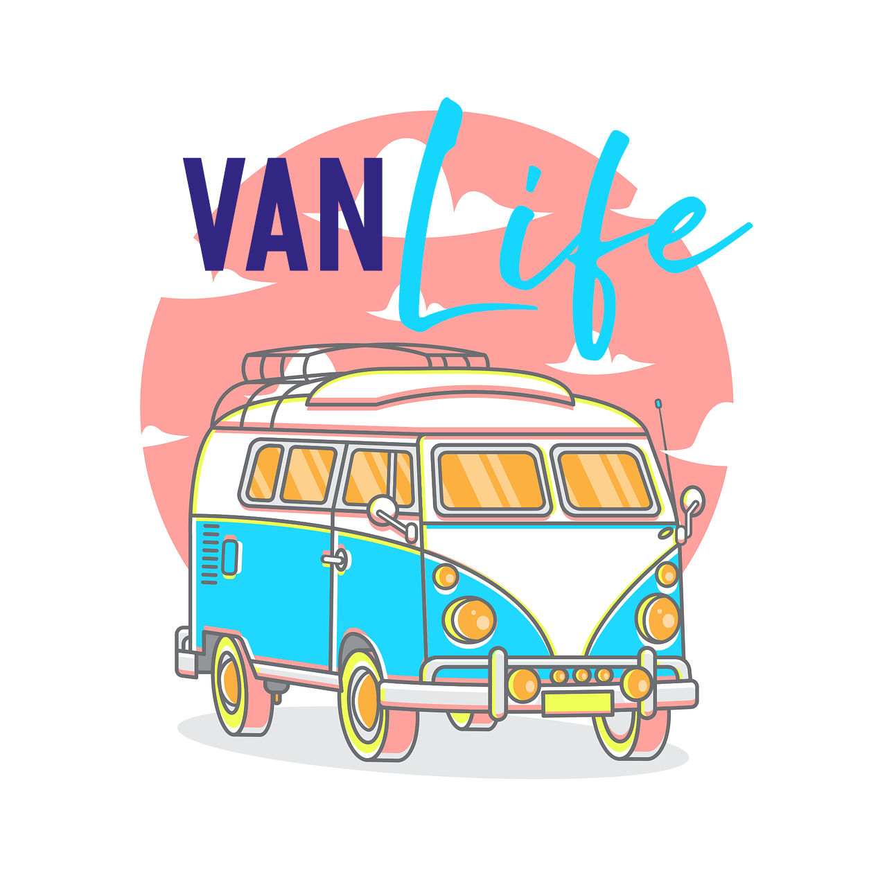 Premium Unisex Crew Neck Soft Cotton T-Shirt "Vanlife Neon" (Various colours & Sizes)
