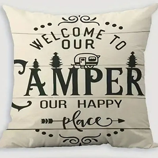 "Welcome To Our Camper Our Happy Place" cushion cover with cushion - Last One