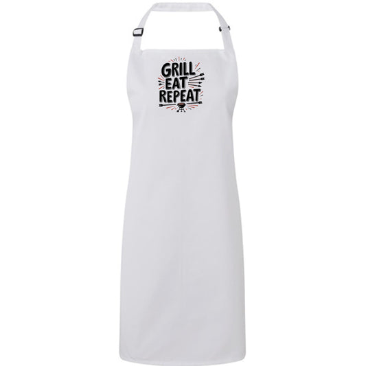 Fun Adjustable White Apron with Colourful Fun Message on the Front - "Grill Eat Repeat"