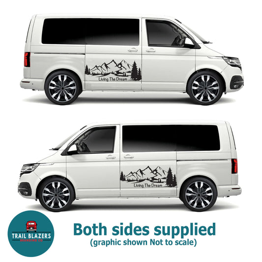 Sticker:- Camper Mountain Living The Dream Vinyl Graphic x2 off (3 lengths available)