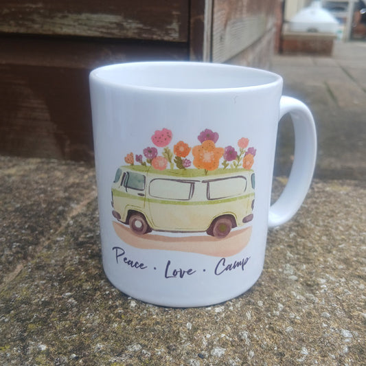 Ceramic Mug 10oz with "Peace Love & Camp " on it
