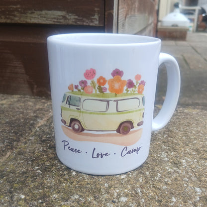 Ceramic Mug 10oz with "Peace Love & Camp " on it