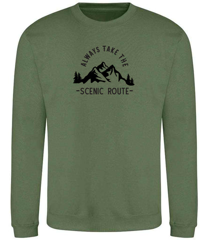 Sweatshirt: Unisex "Always Take The Scenic Route" Sweatshirt (9 Colours available & from Xs to 5XXL)