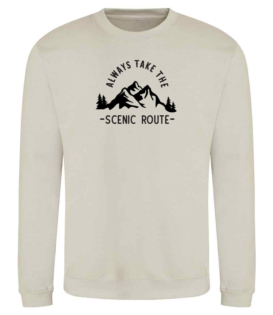 Sweatshirt: Unisex "Always Take The Scenic Route" Sweatshirt (9 Colours available & from Xs to 5XXL)