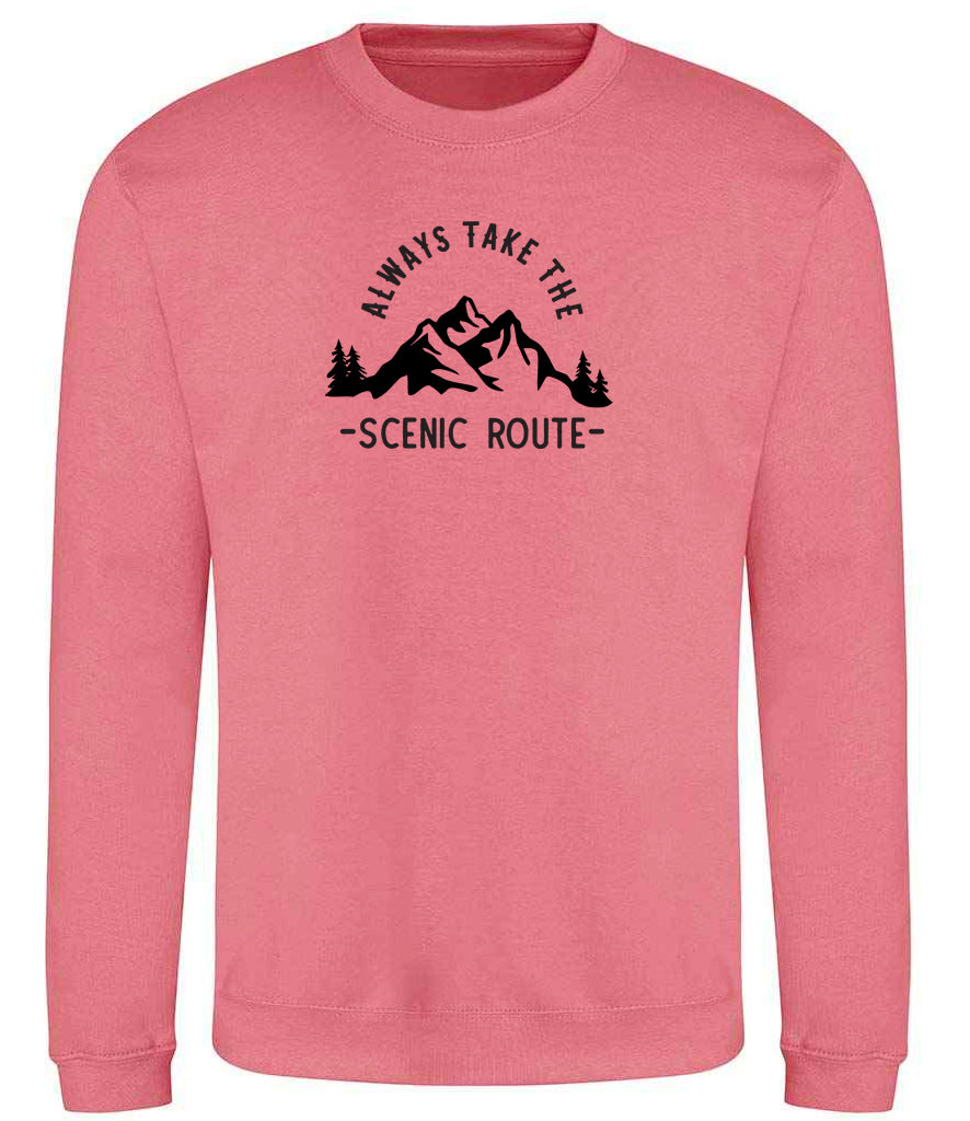 Sweatshirt: Unisex "Always Take The Scenic Route" Sweatshirt (9 Colours available & from Xs to 5XXL)