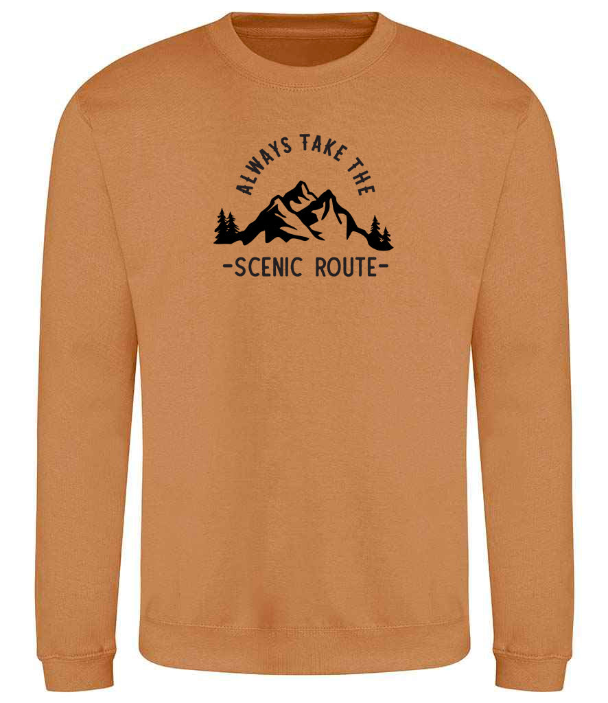 Sweatshirt: Unisex "Always Take The Scenic Route" Sweatshirt (9 Colours available & from Xs to 5XXL)