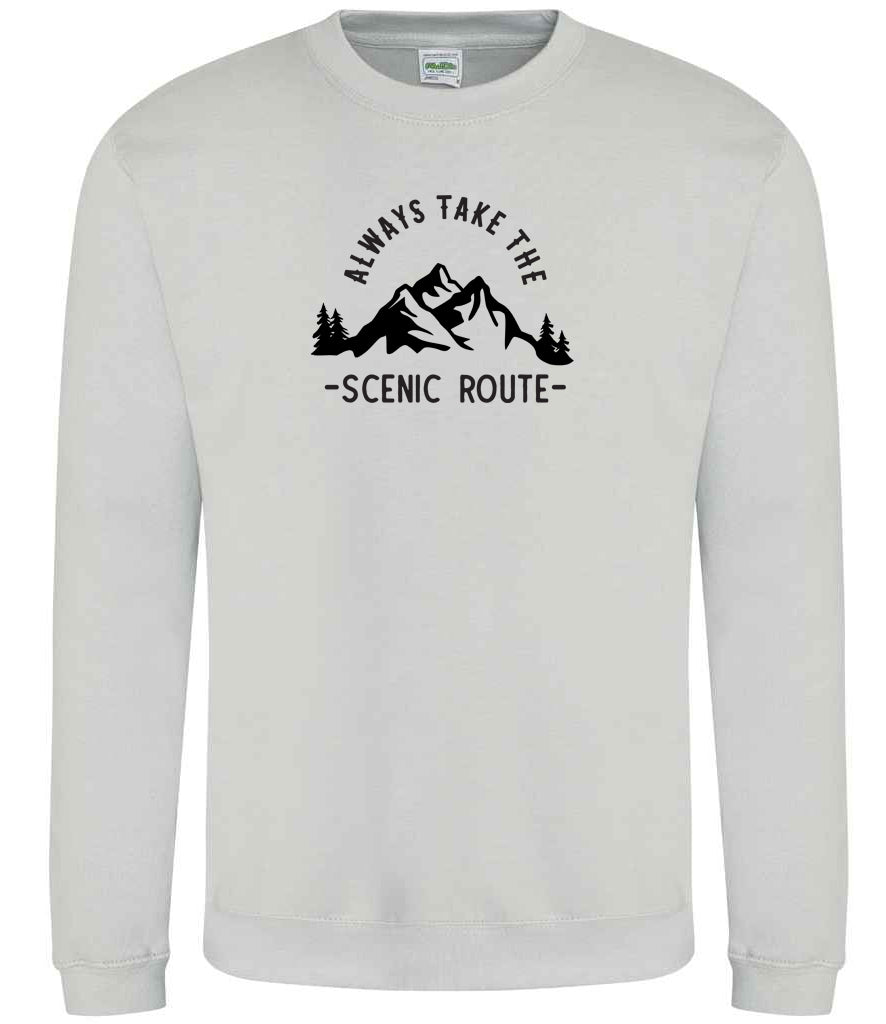 Sweatshirt: Unisex "Always Take The Scenic Route" Sweatshirt (9 Colours available & from Xs to 5XXL)