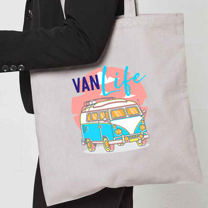 Natural Tote Bag with  "Van Life Neon style graphic" on both sides