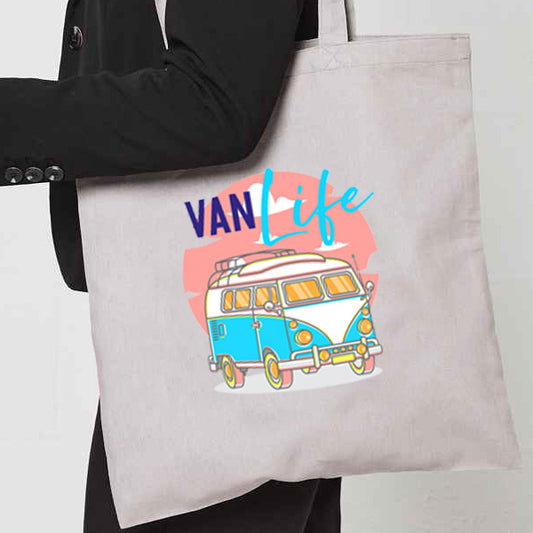 Natural Tote Bag with  "Van Life Neon style graphic" on both sides